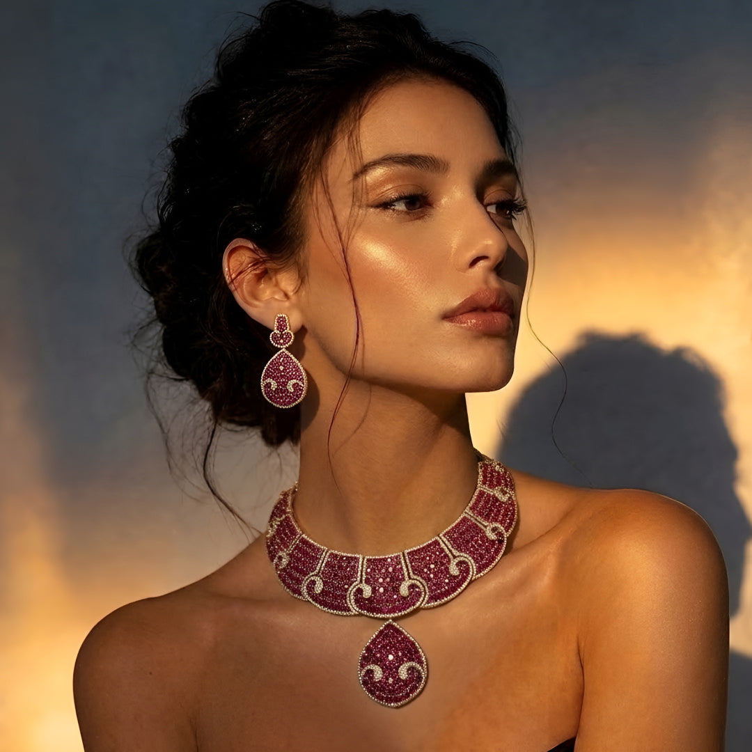 Luxury ruby pink crystal statement choker necklace set with teardrop pendant and matching earrings for weddings and festive occasions.