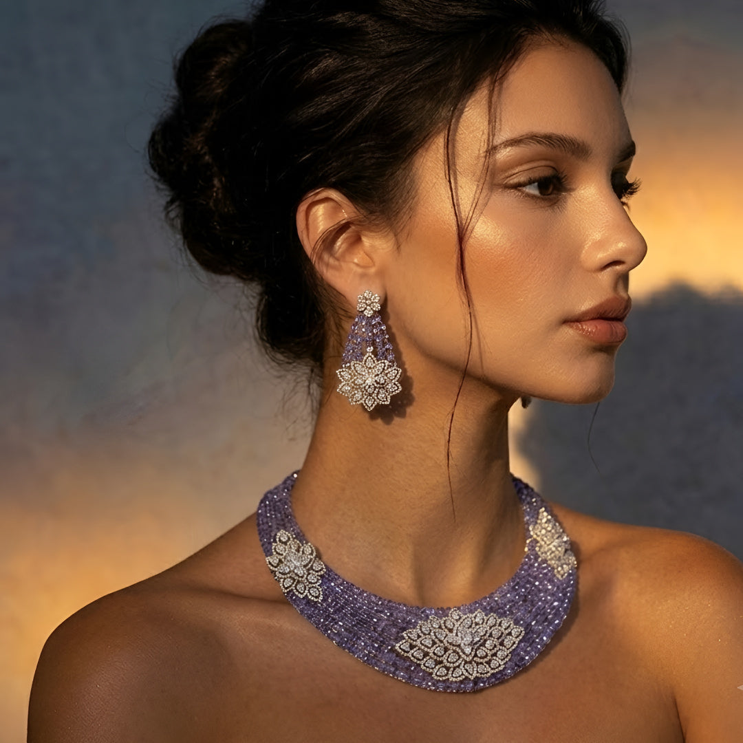Luxury lavender crystal statement choker necklace set with floral zircon detailing and matching earrings for women.