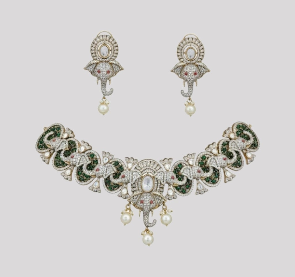 Elephant motif Kundan and CZ stone choker necklace set with matching earrings and pearl drops in green and white accents