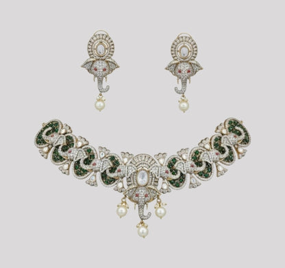 Elephant motif Kundan and CZ stone choker necklace set with matching earrings and pearl drops in green and white accents
