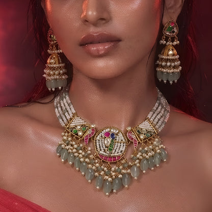 "Kundan medallion necklace set with sage green bead drops and matching jhumka earrings"