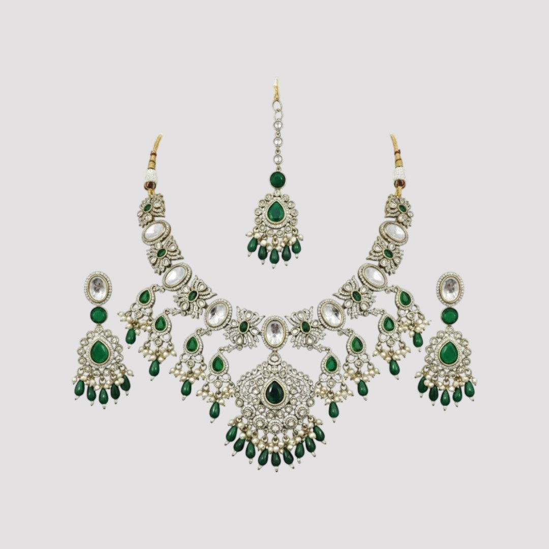 Green Kundan Polki Bridal Necklace Set with Earrings & Maang Tikka