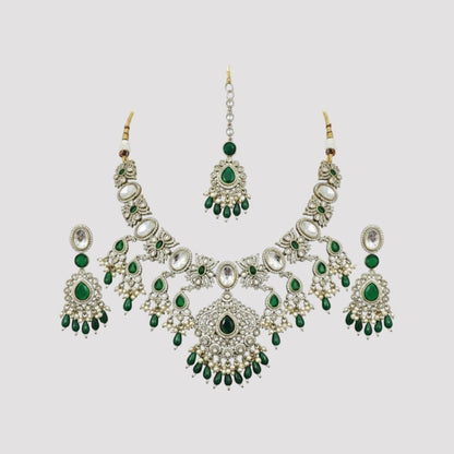 Green Kundan Polki Bridal Necklace Set with Earrings & Maang Tikka