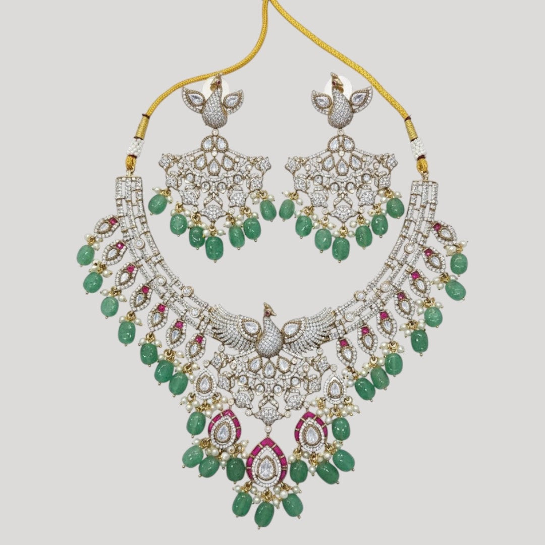 “Royal Peacock Kundan Bridal Necklace Set with Emerald Beads and Earrings – Gold Plated Wedding Jewellery”