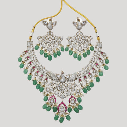 “Royal Peacock Kundan Bridal Necklace Set with Emerald Beads and Earrings – Gold Plated Wedding Jewellery”
