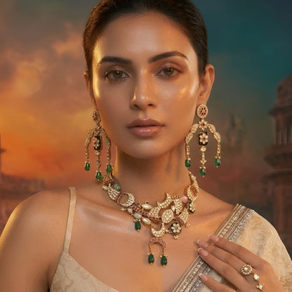 Designer gold-plated kundan necklace set with floral enamel motifs, pink stone accents, sparkling white kundan work, green bead drops, and matching statement earrings.