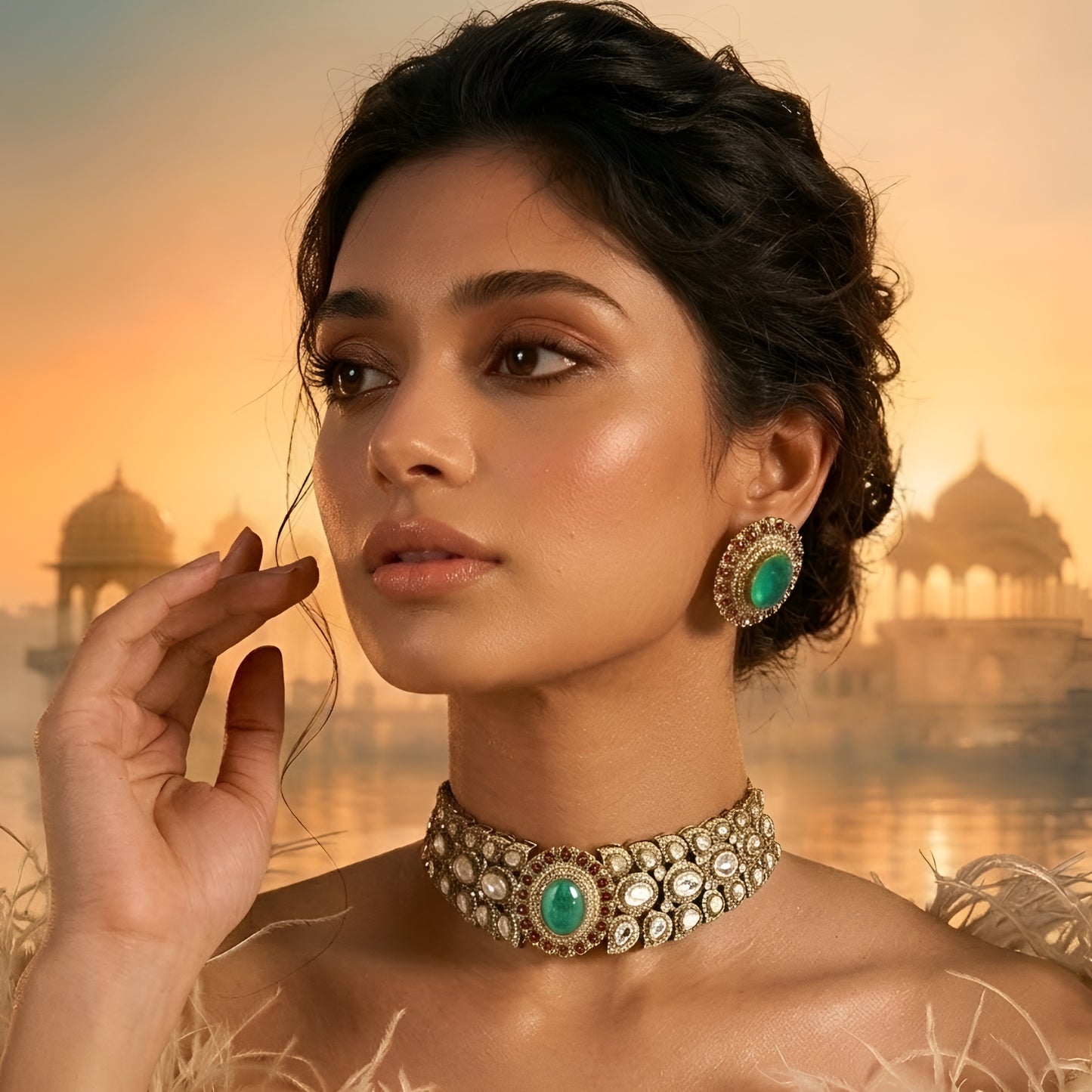 Royal Green Kundan Choker Necklace Set with Ruby Accents | Bridal Traditional Jewelry Set for Women