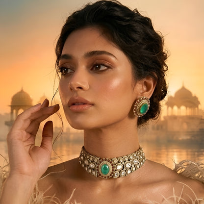 Royal Green Kundan Choker Necklace Set with Ruby Accents | Bridal Traditional Jewelry Set for Women