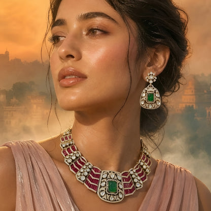 Luxury ruby and emerald CZ statement necklace set with matching earrings in gold plating, perfect for bridal, wedding, festive, and party wear.