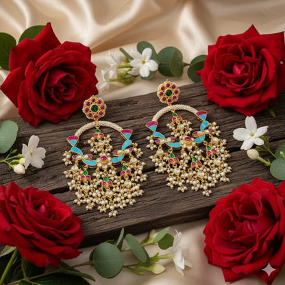Gold-Plated Multi-Color Meenakari Statement Chandbali Earrings with Pearl Drops