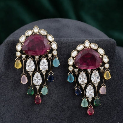 Luxury gold-plated multicolor crystal ear cuff earrings featuring a ruby pink center stone, sparkling cubic zirconia, and colorful gemstone-inspired drops for bridal and party wear.