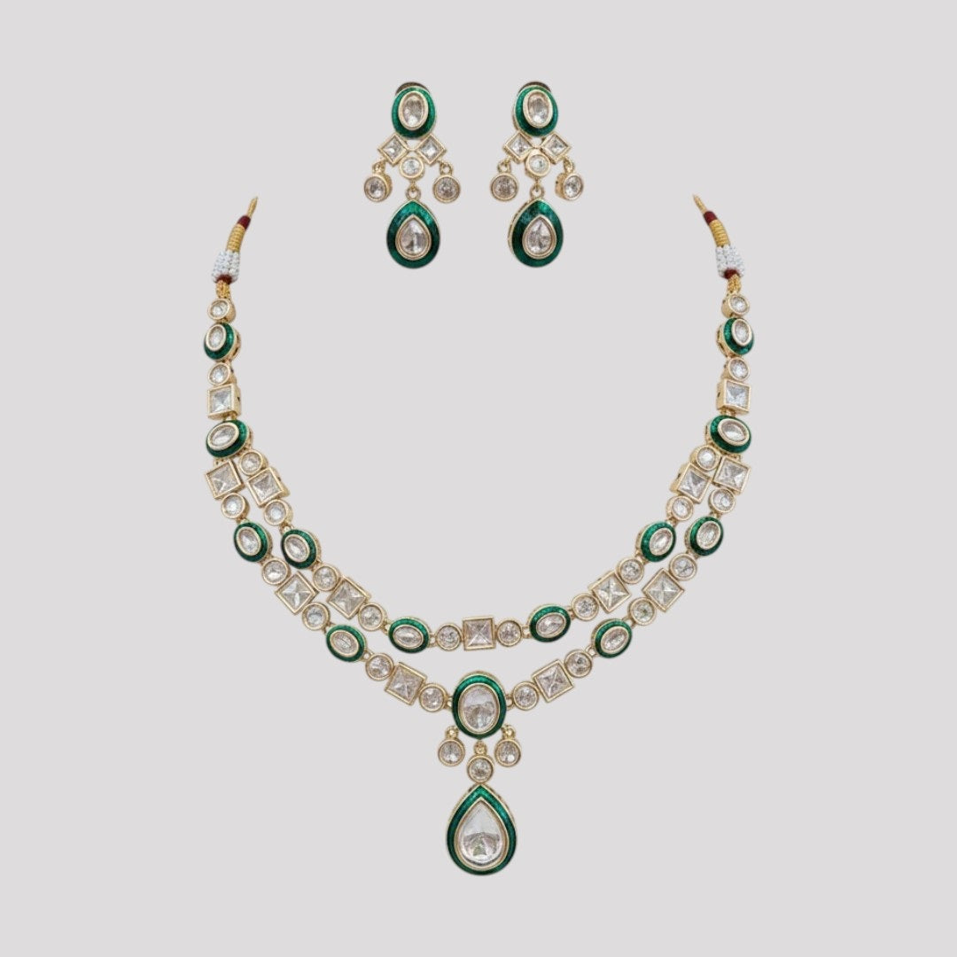 Traditional Green Kundan Necklace & Earrings Set