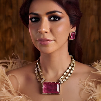 Pink crystal pendant necklace set with matching rectangular earrings in gold plating by Auraa Trends