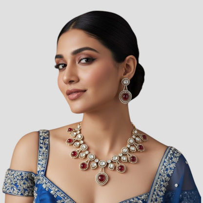 “Gold-plated white stone kundan necklace set with matching earrings for women, bridal and festive wear.”