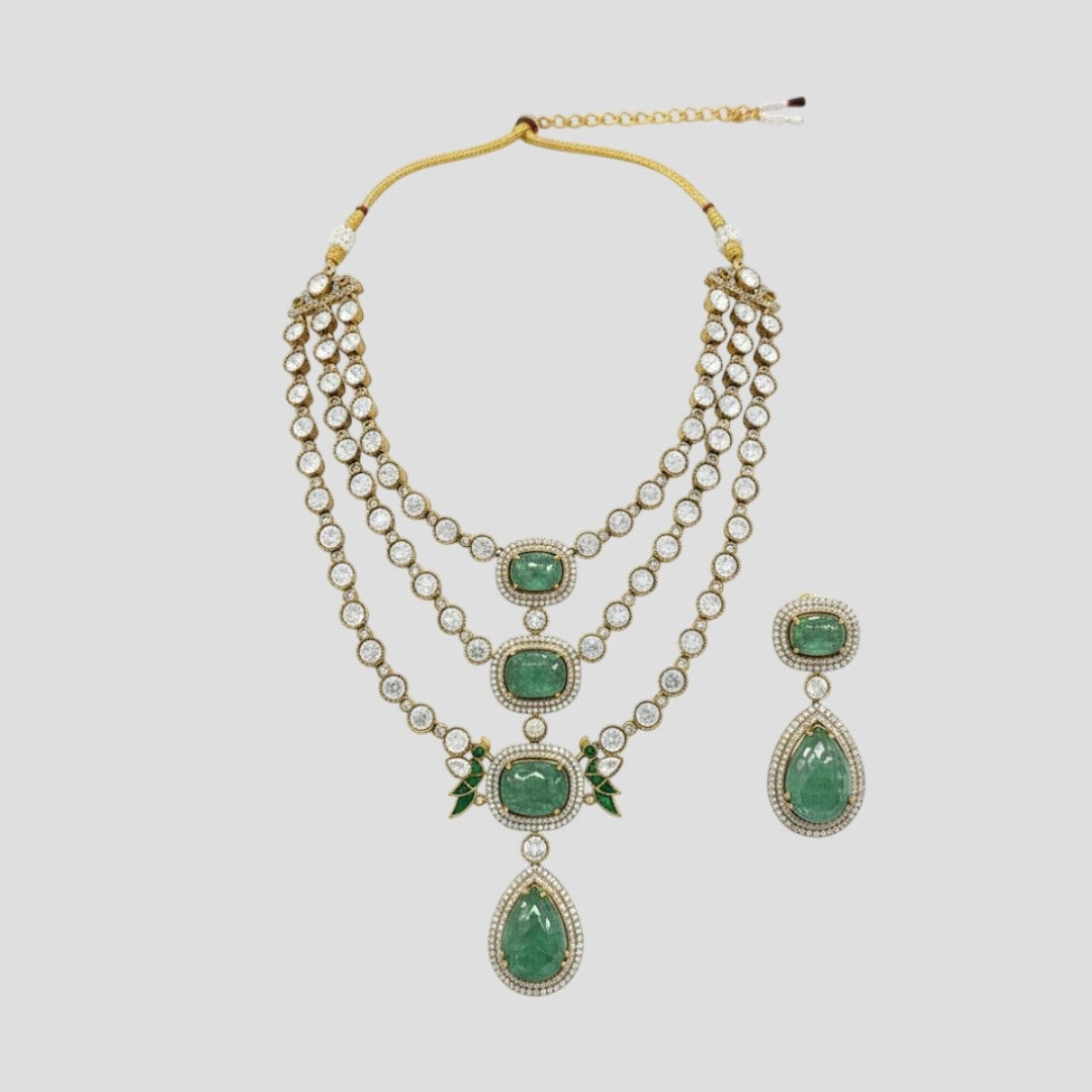 Premium Emerald Green Stone Bridal Necklace Set with Earrings