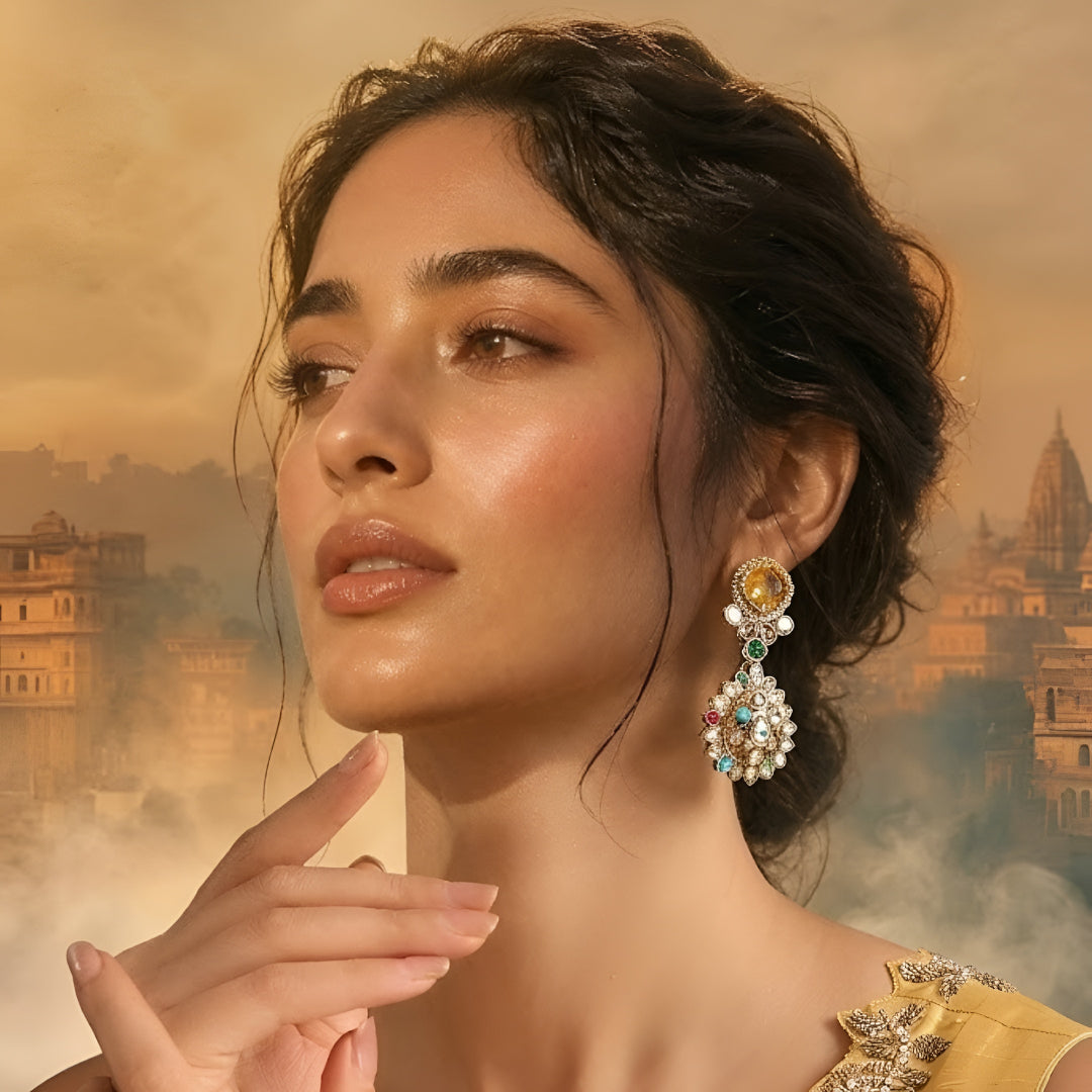 Gold-plated multicolor Kundan drop earrings with yellow crystal stone and pastel gemstone detailing for women