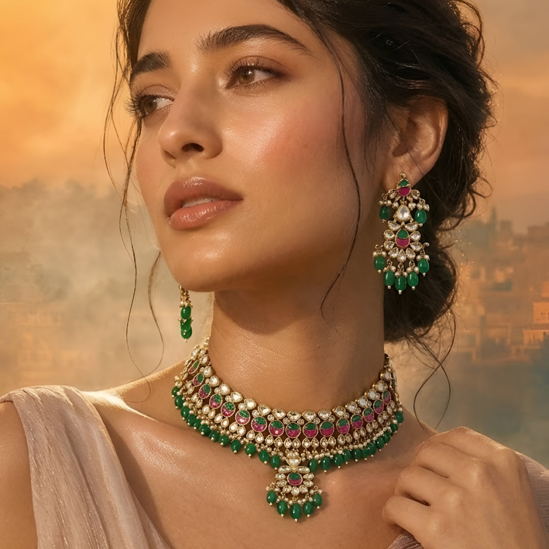 Traditional Kundan choker necklace set with pink stone detailing, green bead drops, and matching earrings in gold-plated finish for bridal wear.