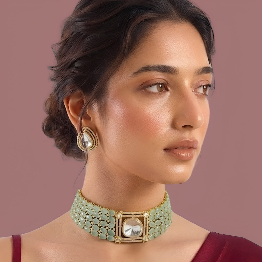 Mint green stone choker necklace set with matching teardrop earrings in gold plating by Auraa Trends