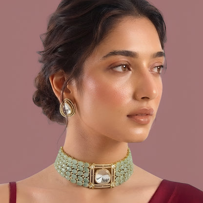 Mint green stone choker necklace set with matching teardrop earrings in gold plating by Auraa Trends