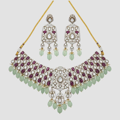 Bridal Kundan Choker Necklace Set with Green Beads & Ruby Stones - Auraa Trends