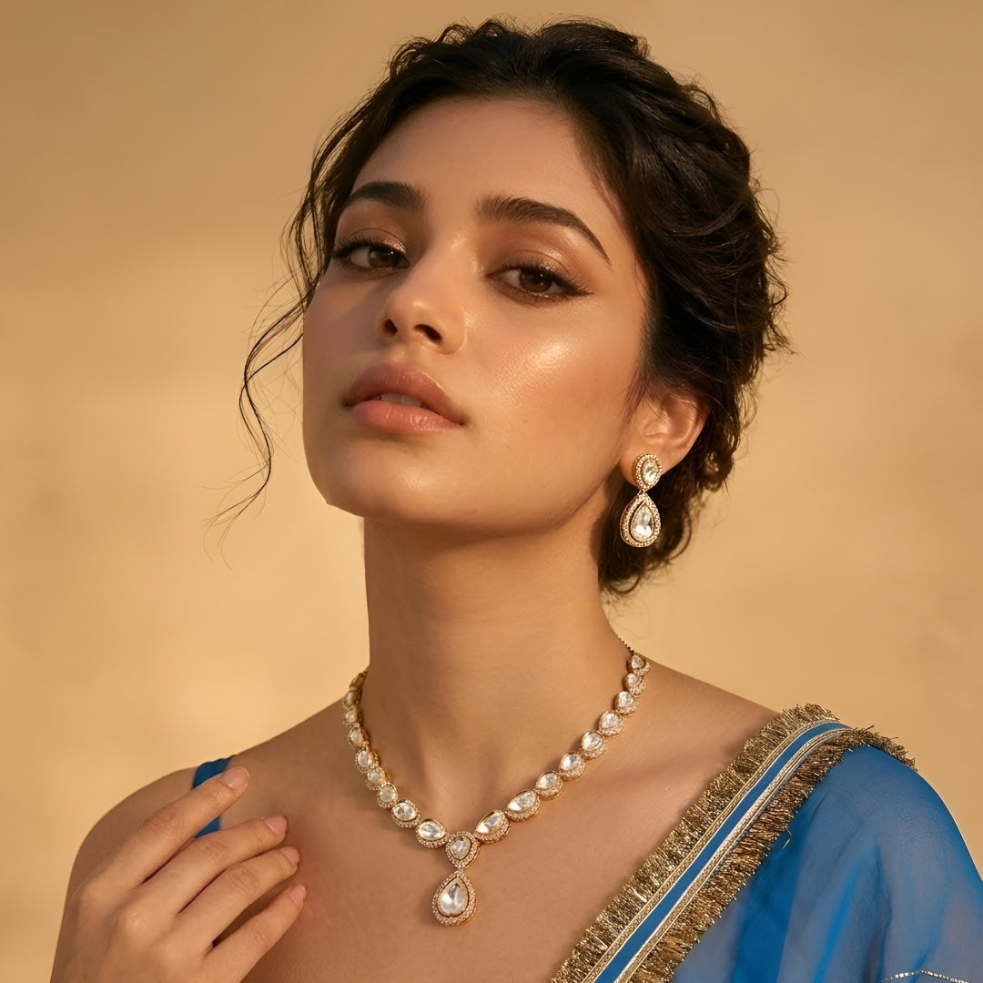 Elegant Gold Plated White Kundan Teardrop Necklace Set for Women