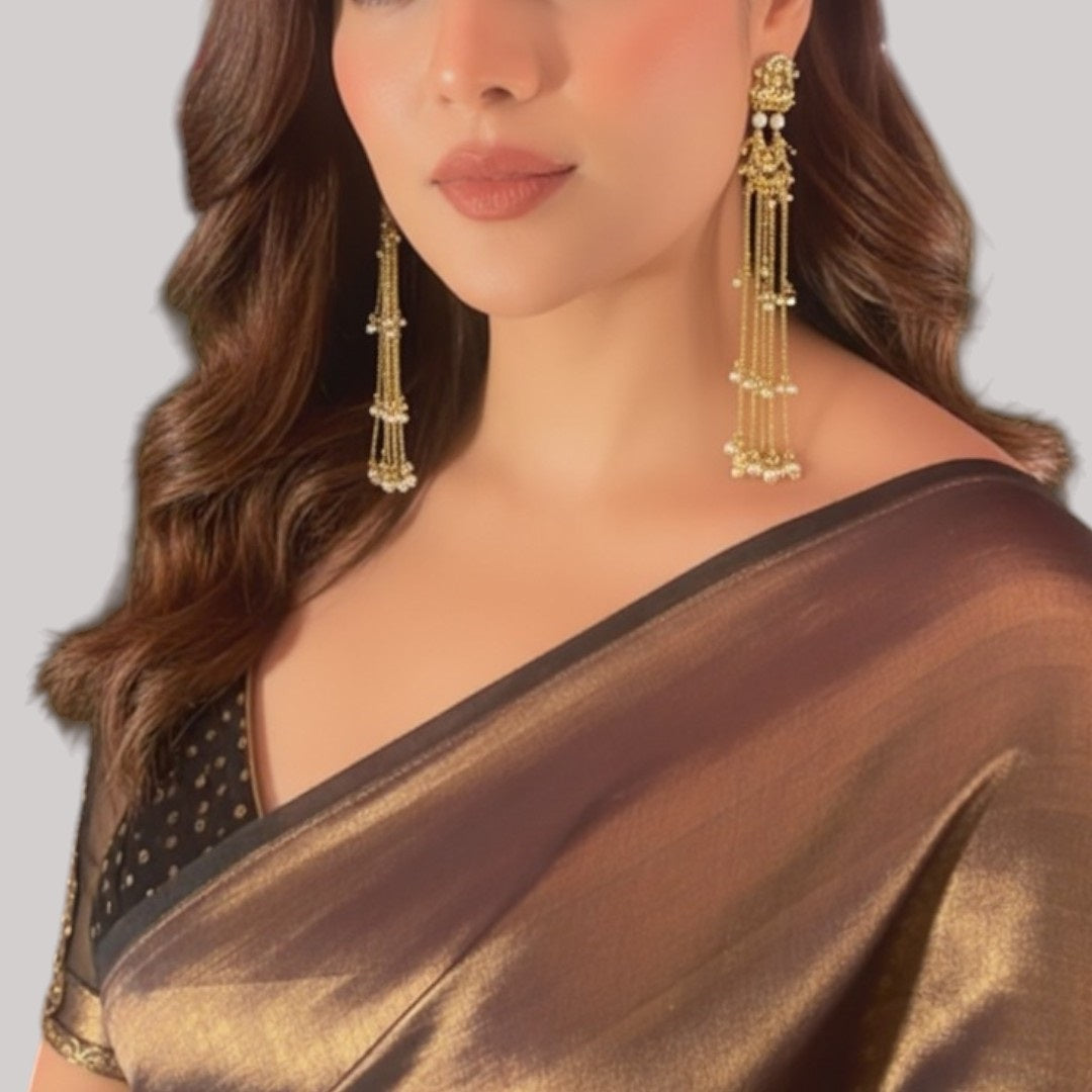 Traditional Long Golden Dangler Earrings with Multi-Strand Pearl Chains