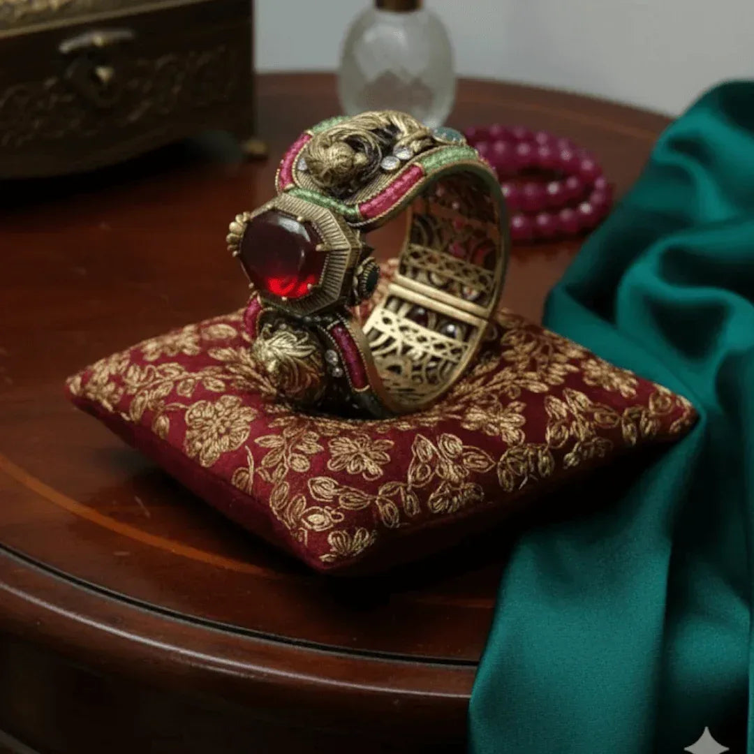 Antique Gold-Plated Lion Motif Multi-Stone Bangle Bracelet with Ruby Center Stone - Auraa Trends