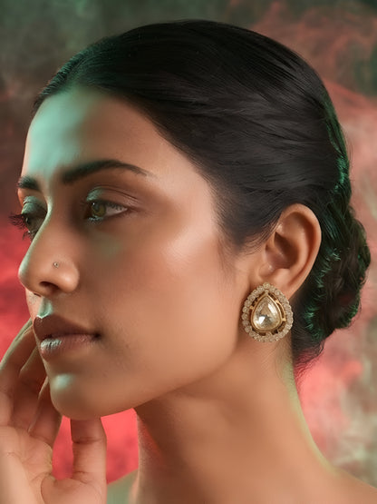 Shop elegant gold-plated polki stud earrings with rose-cut crystal center and CZ halo. Perfect minimal earrings for daily & festive wear. Buy now!