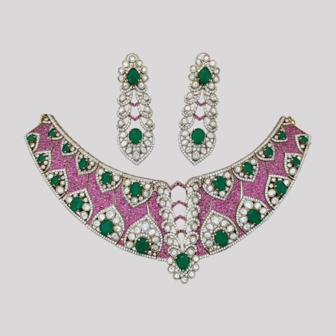 “Pink and Green Kundan Bridal Necklace Set with Gold Plating and Matching Earrings – Heavy Wedding Jewellery”