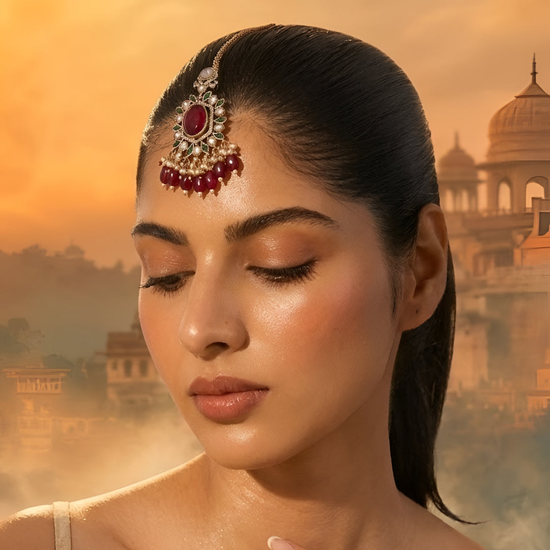 Gold-toned Kundan maang tikka with ruby red oval stone, green enamel detailing, sparkling Kundan stones, and red bead drops for bridal and festive wear.
