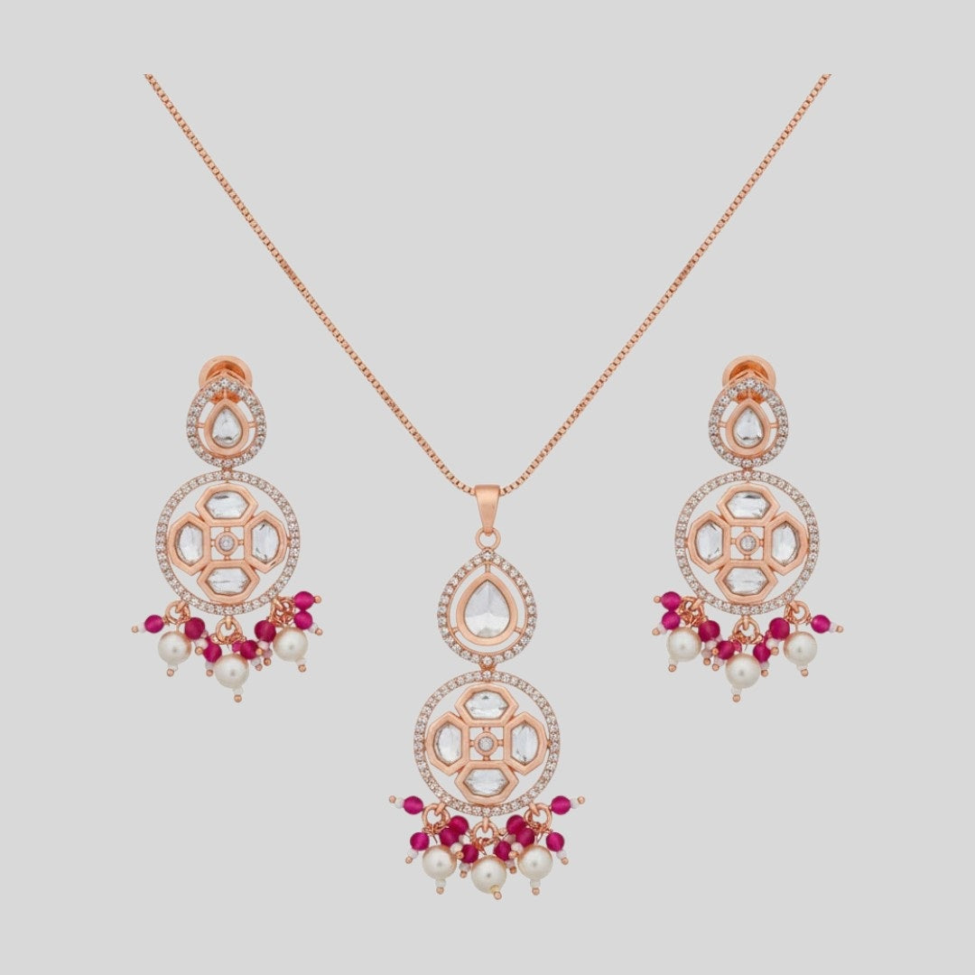 Rose Gold Kundan Pendant Necklace & Earrings Set with Ruby Beads and Pearls