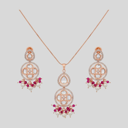 Rose Gold Kundan Pendant Necklace & Earrings Set with Ruby Beads and Pearls