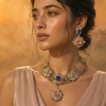 Royal Victorian antique gold statement necklace set with multicolor gemstones, pendant design, and matching earrings for women.
