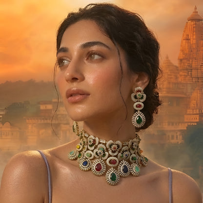 Luxury multicolor bridal choker necklace set with matching earrings featuring gold plating and premium CZ stones for wedding and party wear.