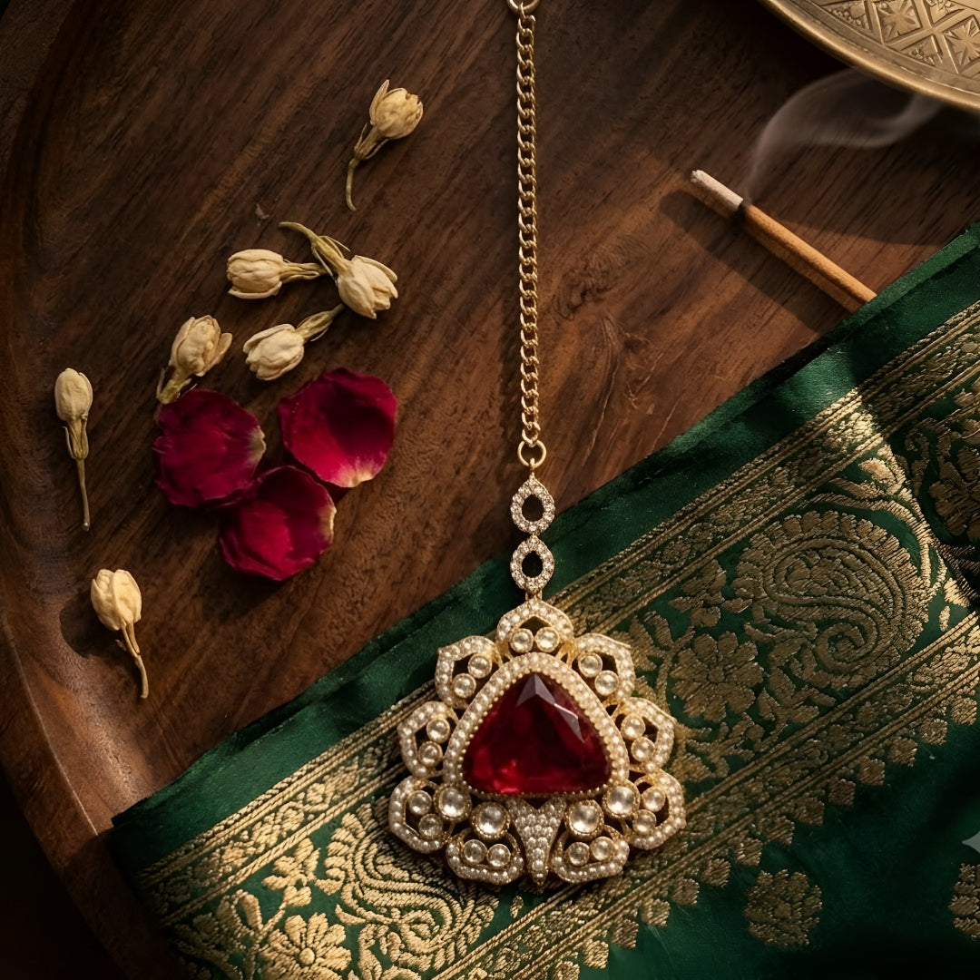Luxury Ruby Red Kundan Maang Tikka for Women with Gold-Plated Traditional Bridal Design