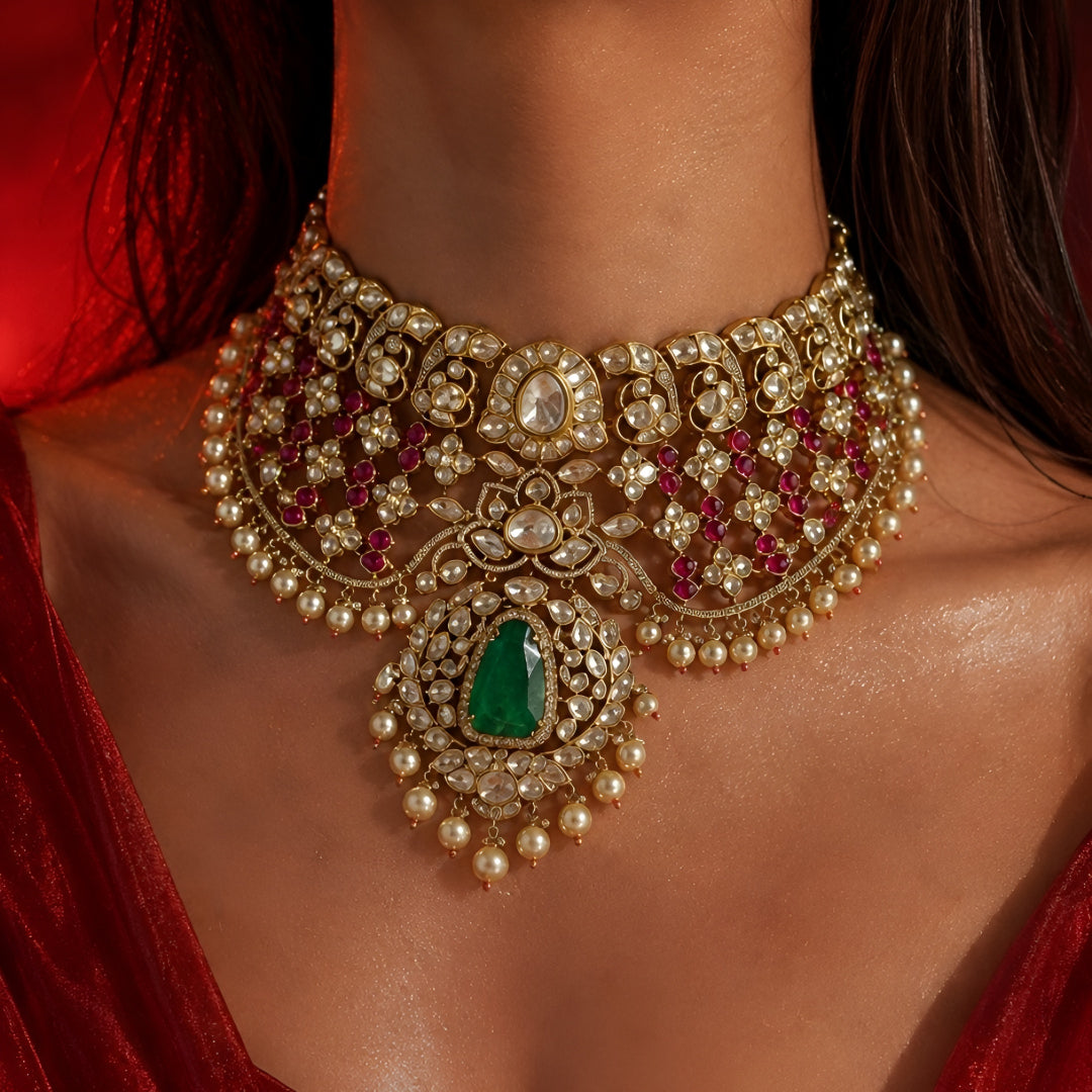 Bridal Kundan Meena Choker Set with Green Stone