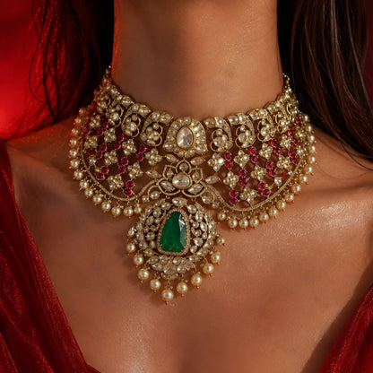 Bridal Kundan Meena Choker Set with Green Stone
