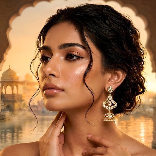 Gold-plated Kundan jhumka earrings with teardrop stones and pearl drops for women