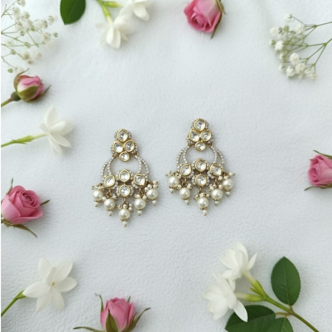 "Gold-plated Kundan Chandbali Earrings with Pearl Drops for Women