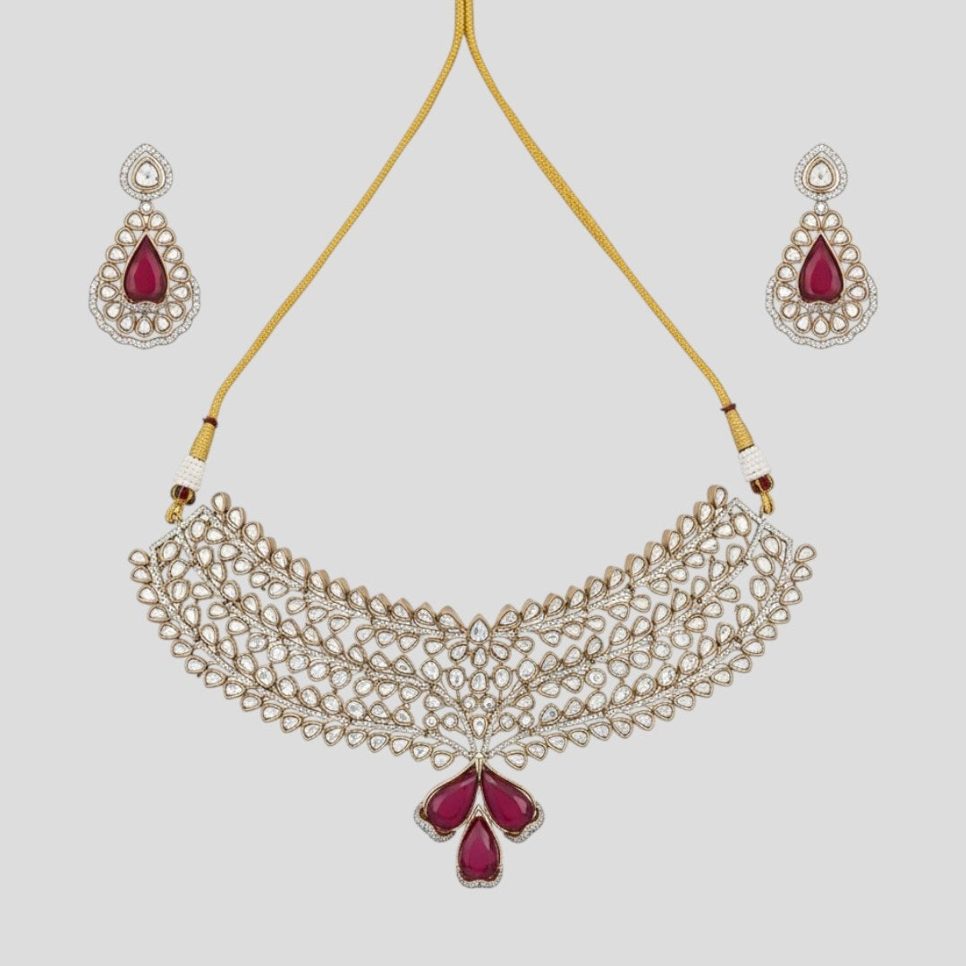 “Bridal Kundan choker necklace set with ruby red stones and matching earrings – Polki wedding jewelry”