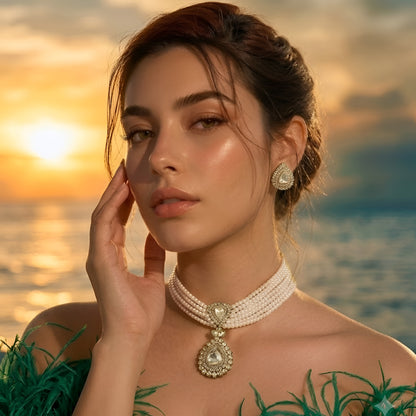 Multi-strand pearl choker necklace featuring a teardrop Kundan pendant with matching stud earrings on a white background.