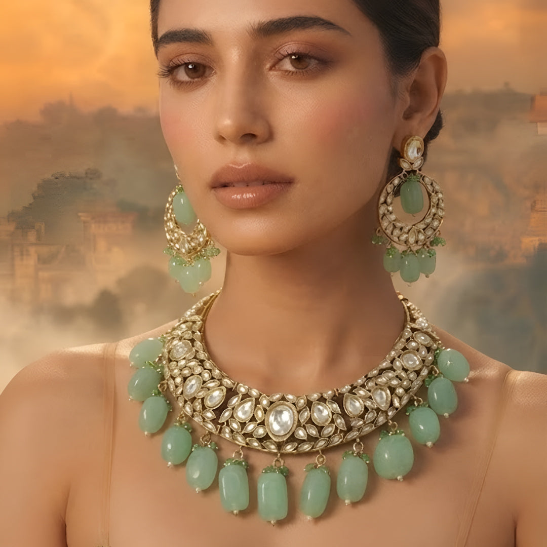 Green Kundan Polki choker necklace set with mint green bead drops and matching statement earrings for bridal, wedding, and traditional ethnic wear.