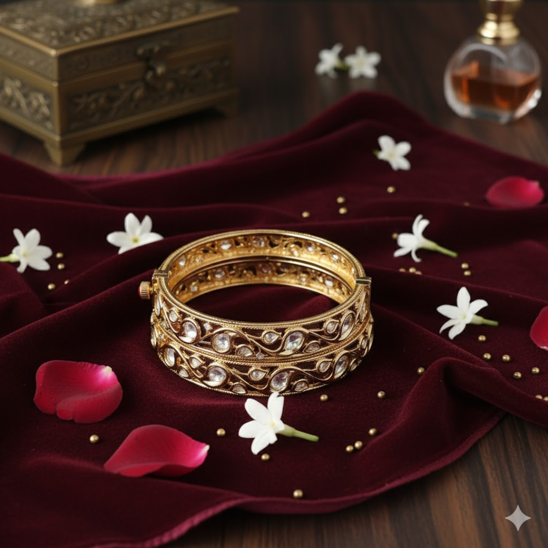 Gold-plated traditional Kundan bangles with white stones for women