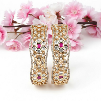 Gold-plated Kundan bangles with ruby pink stones and floral design for women