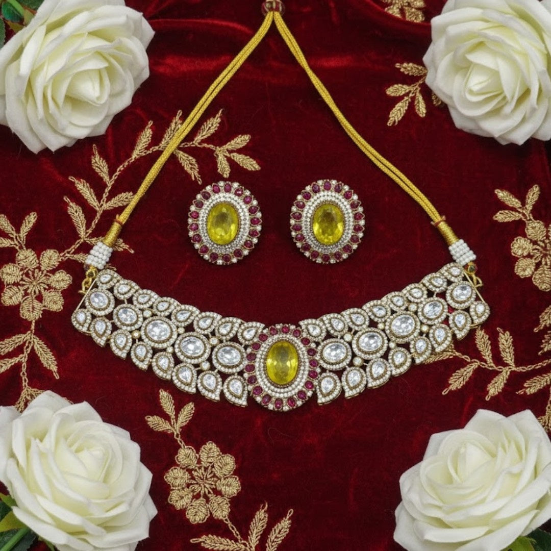 Yellow Stone & Ruby Studded Gold-Plated Choker Necklace Set