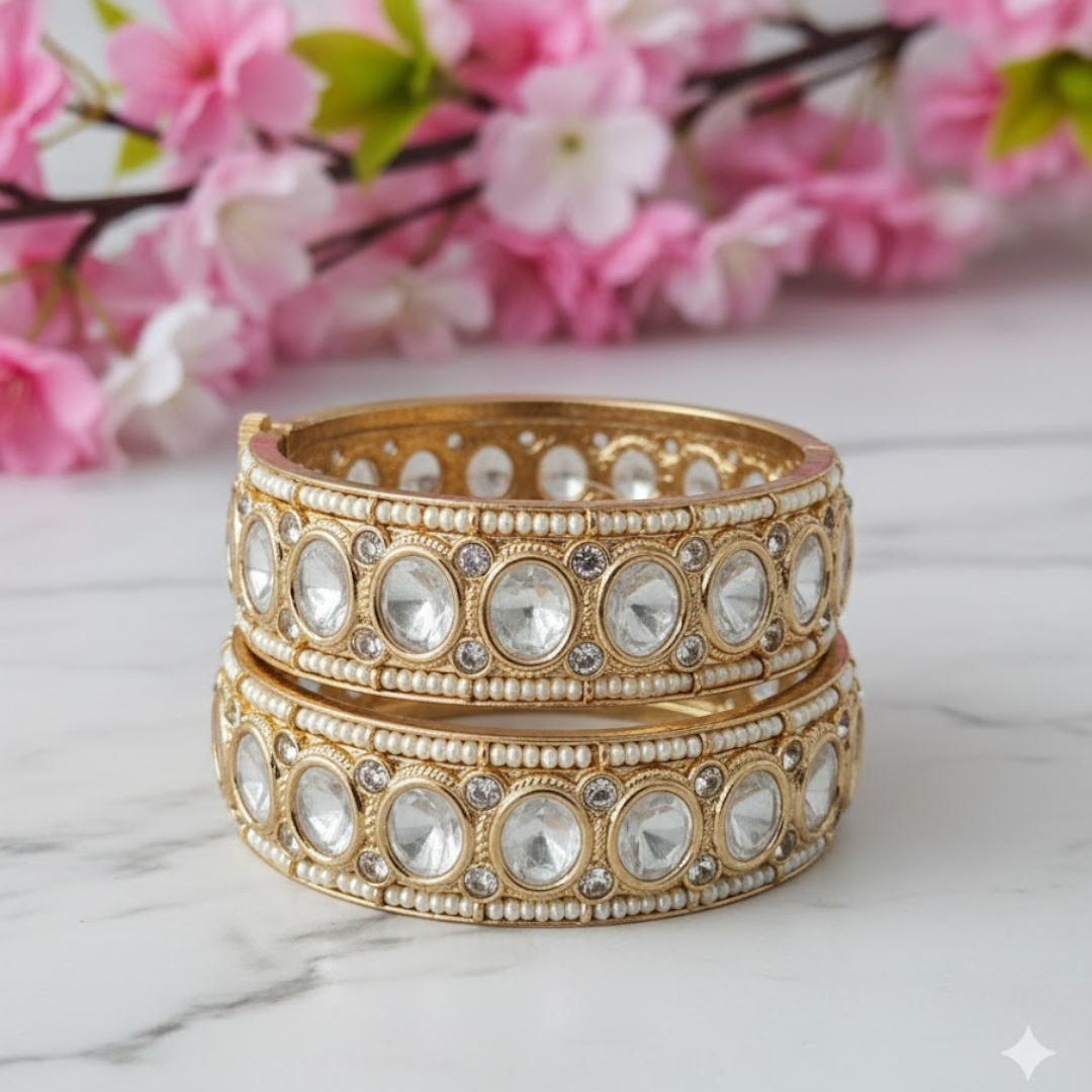 Gold plated Kundan and pearl studded handcrafted bridal bangles for women