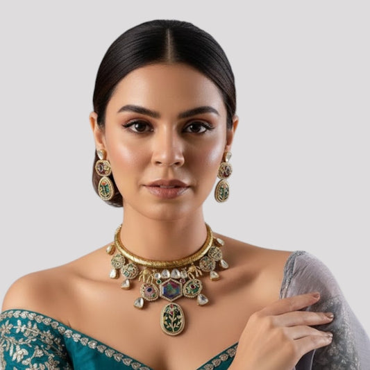 Premium Gold-Plated Enamel Kundan Necklace Set for Women
