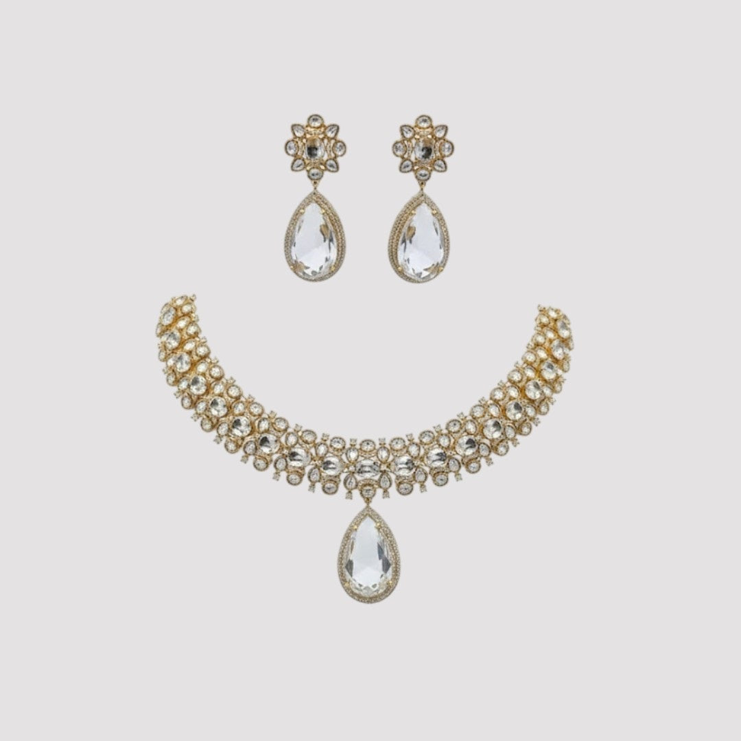 White Stone Teardrop Gold-Plated Bridal Necklace Set