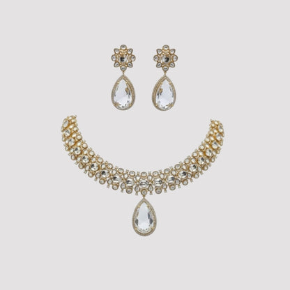 White Stone Teardrop Gold-Plated Bridal Necklace Set