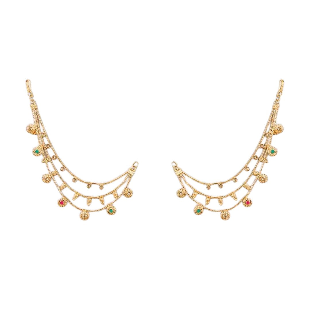 Traditional gold plated layered Kaan Chain with floral charms and red green stone accents for women, ideal for bridal wear, weddings, festive occasions, and ethnic outfits.